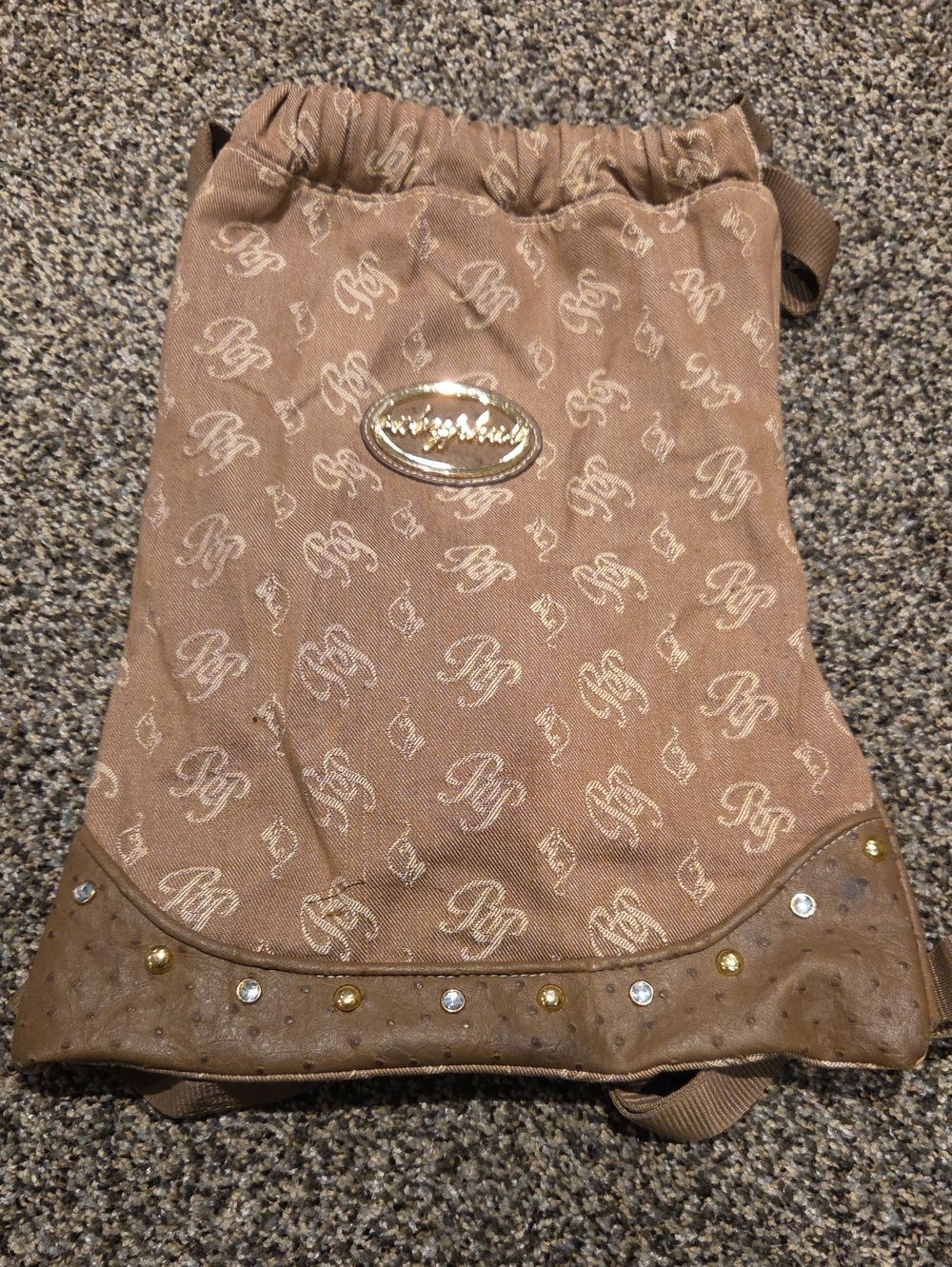 Baby Phat Tan Monogram Drawstring Backpack with Gold Logo Plaque